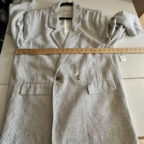 NWT Old Navy Linen Blend Blazer Jacket Large Striped Double Breasted Black White - Picture 7 of 13